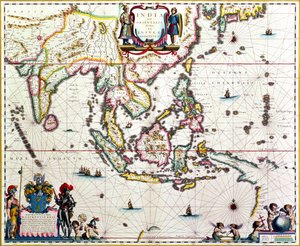 Kartta, jossa näkyy Kaakkois-Aasia ja Itä-Intia, julkaistu, Amsterdam, n. 1635 (käsinvärinen kaiverrus)